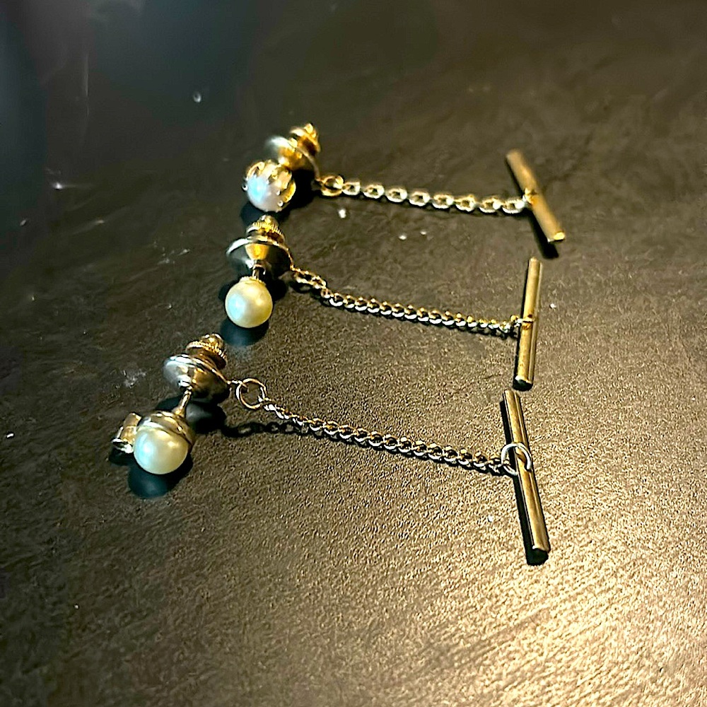 Vintage tie clips (3) pearl and yellow gold